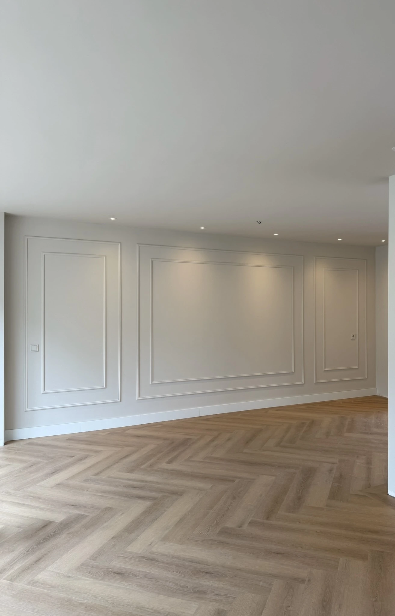 Lichte kamer met rechthoekige sierlijsten en een visgraatvloer